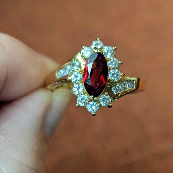 Joseph Cleary Gold Tone Ring Marquee Cut Red Garnet Bypass Statement JC - Picture 12 of 12